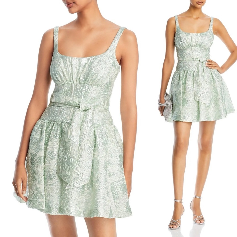 ML MONIQUE LHUILLIER Gathered metallic cloqué mini dress flare skirt sleeveless